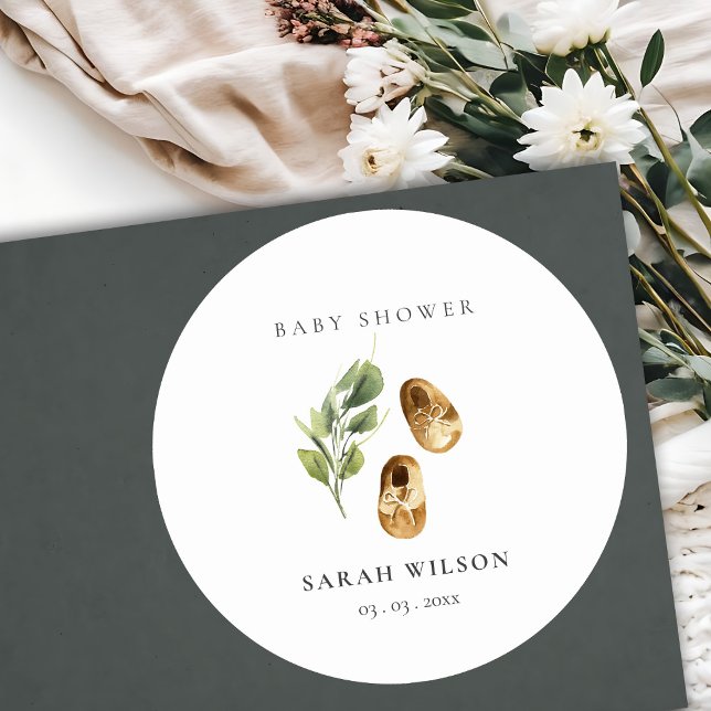 Cute Green Rust Orange Shoes Foliage Baby Shower Classic Round Sticker (Creator Uploaded)