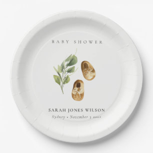 Cute Green Rust Orange Shoes Foliage Baby Shower Paper Plate