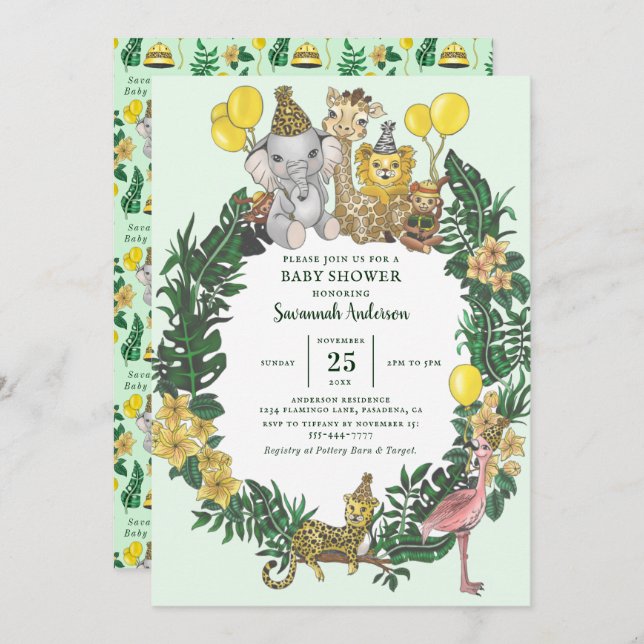 Cute Green Safari Animals Boy Baby Shower Invitation (Front/Back)