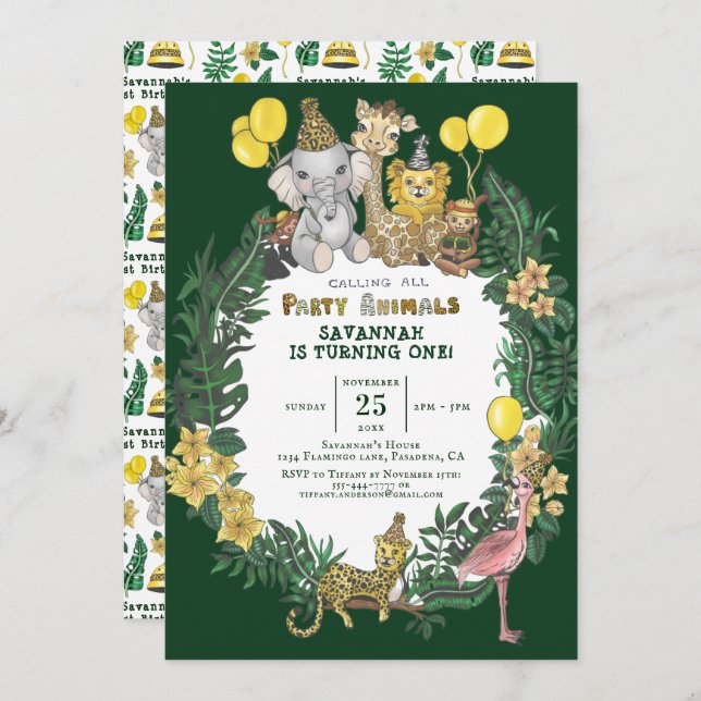 Cute Green Safari Animals Kids Birthday Party   Invitation (Front/Back)