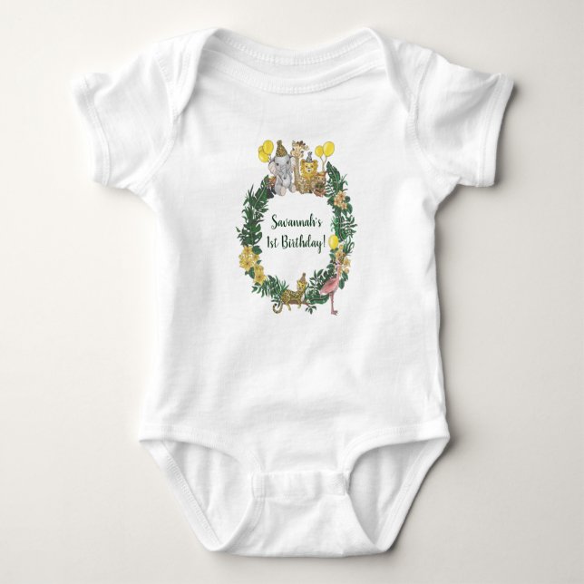 Cute Green Safari Animals Wreath First Birthday  Baby Bodysuit (Front)