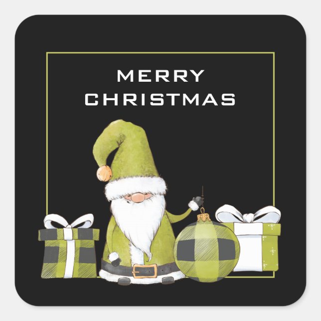 Cute Green Santa Gnome with Gifts Square Sticker (Front)