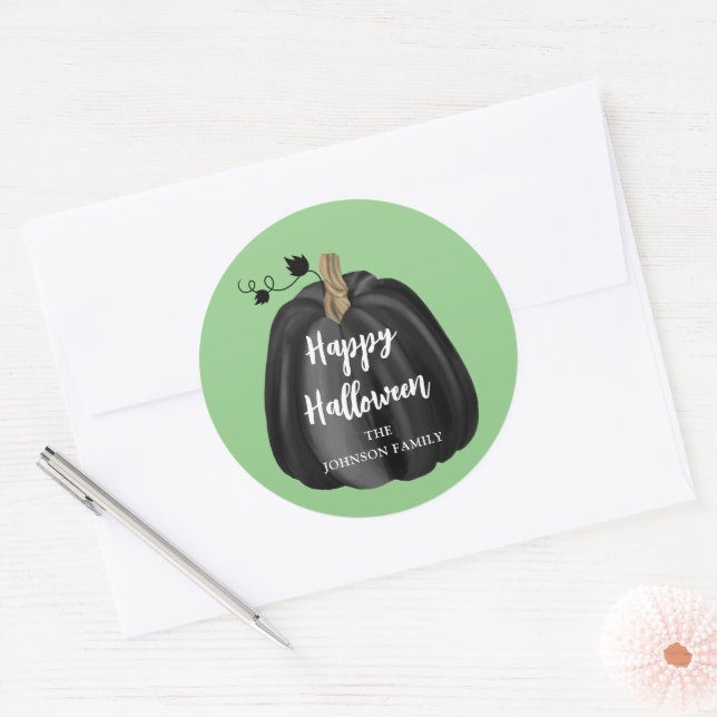 Cute Green Script Pumpkin Happy Halloween Classic Round Sticker (Envelope)