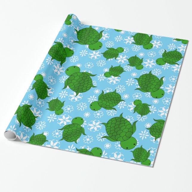 Cute green sea turtle christmas blue snowflakes wrapping paper (Unrolled)