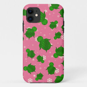 Cute green sea turtle christmas pink snowflakes iPhone 11 case