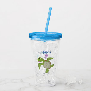 Cute green sea turtle happy cartoon illustration acrylic tumbler
