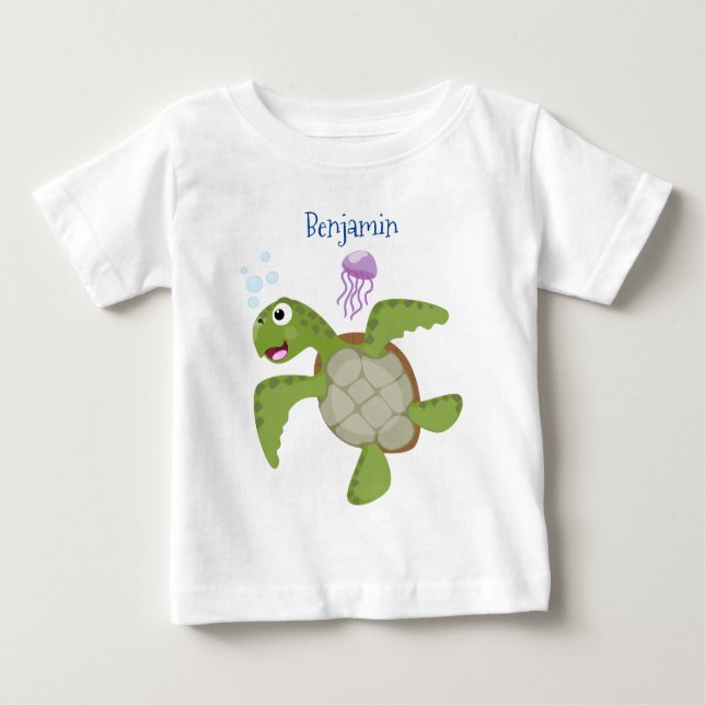 Cute green sea turtle happy cartoon illustration baby T-Shirt (Front)