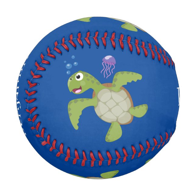 Cute green sea turtle happy cartoon illustration baseball (Front Left)
