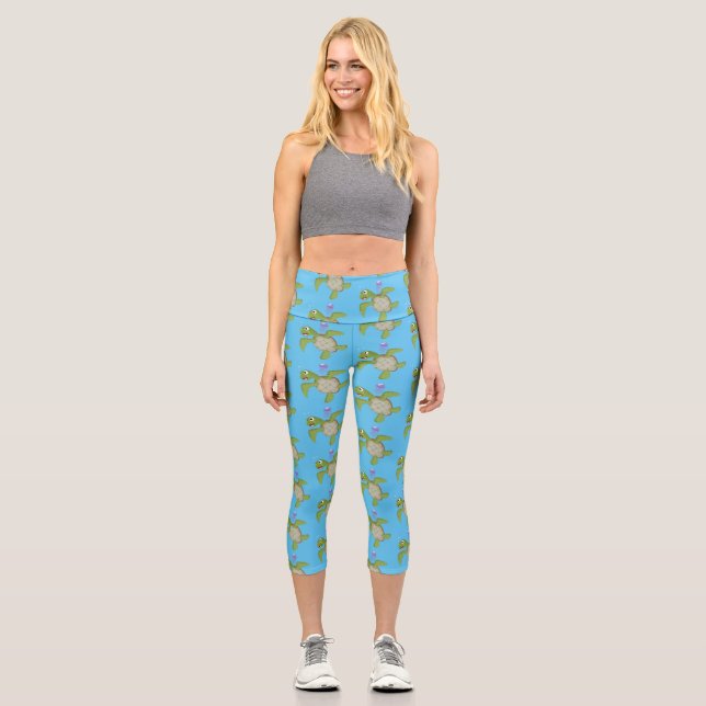 Cute green sea turtle happy cartoon illustration capri leggings (Front)