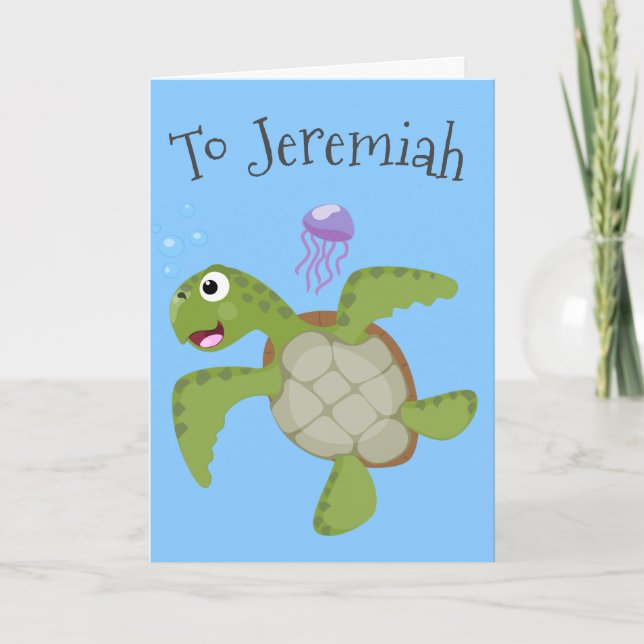 Cute green sea turtle happy cartoon illustration card (Front)