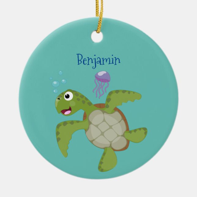 Cute green sea turtle happy cartoon illustration ceramic ornament (Front)