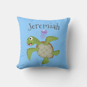 Cute green sea turtle happy cartoon illustration cushion