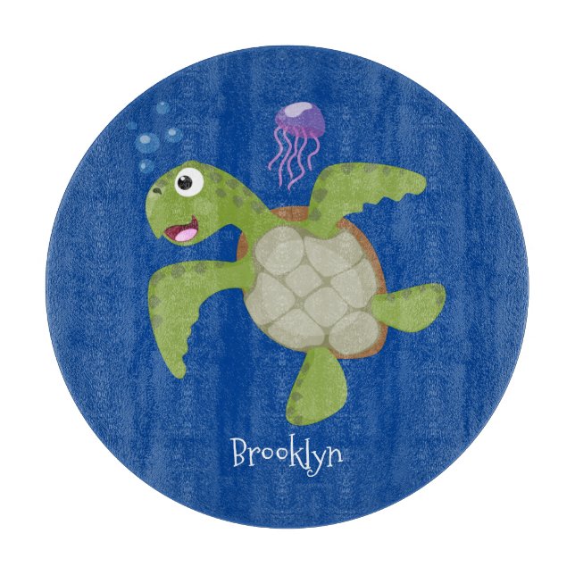 Cute green sea turtle happy cartoon illustration cutting board (Front)