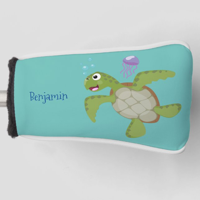 Cute green sea turtle happy cartoon illustration golf head cover (Front)