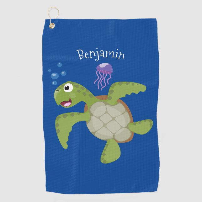 Cute green sea turtle happy cartoon illustration golf towel (Front)