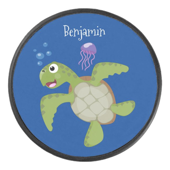 Cute green sea turtle happy cartoon illustration hockey puck (Front)