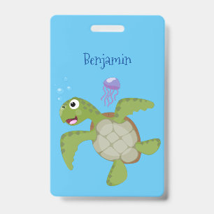 Cute green sea turtle happy cartoon illustration ID badge