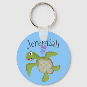 Cute green sea turtle happy cartoon illustration key ring