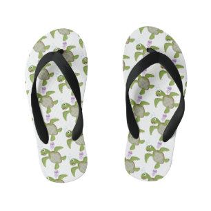 Cute green sea turtle happy cartoon illustration kid's thongs