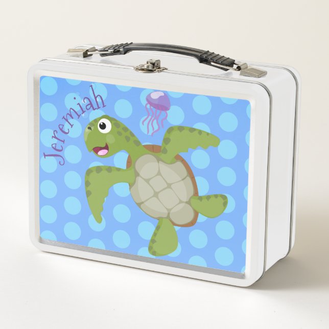 Cute green sea turtle happy cartoon illustration metal lunch box (Front)
