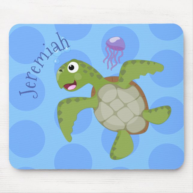 Cute green sea turtle happy cartoon illustration mouse pad (Front)