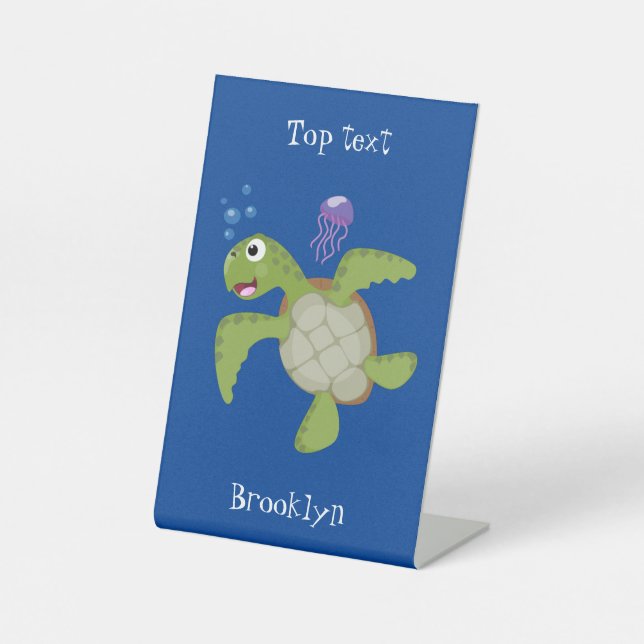 Cute green sea turtle happy cartoon illustration pedestal sign (Front)