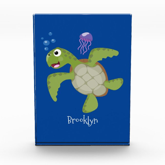 Cute green sea turtle happy cartoon illustration photo block (Front)