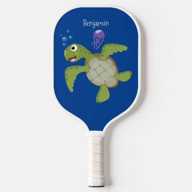 Cute green sea turtle happy cartoon illustration  pickleball paddle (Front)