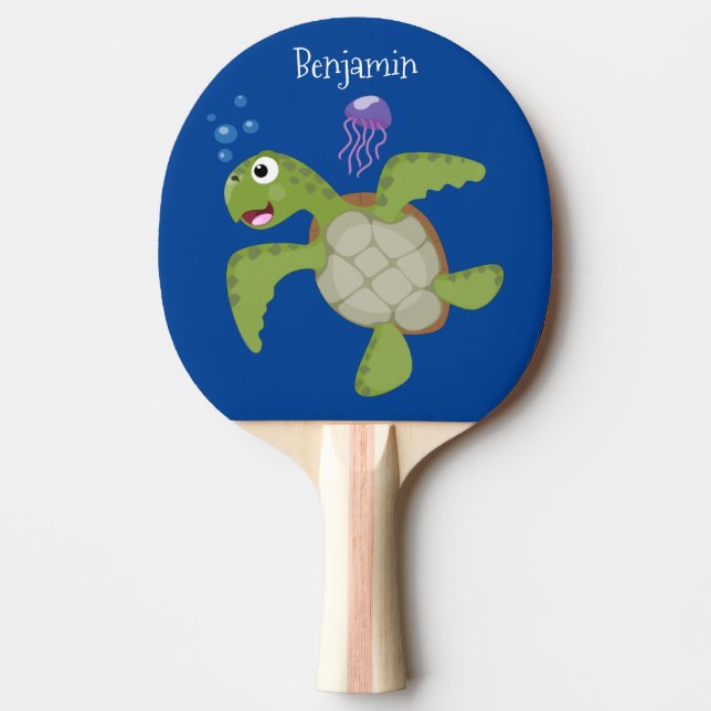 Cute green sea turtle happy cartoon illustration ping pong paddle (Front)