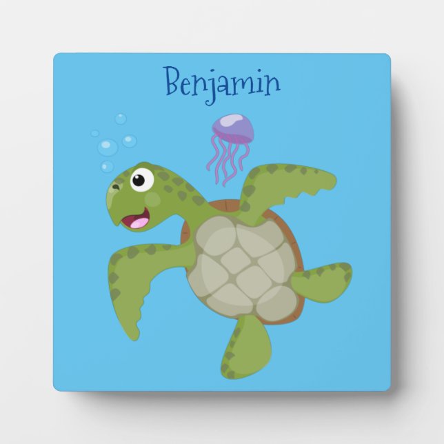 Cute green sea turtle happy cartoon illustration plaque (Front)