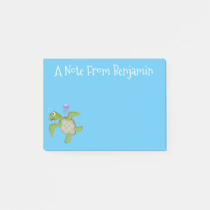 Cute green sea turtle happy cartoon illustration post-it notes