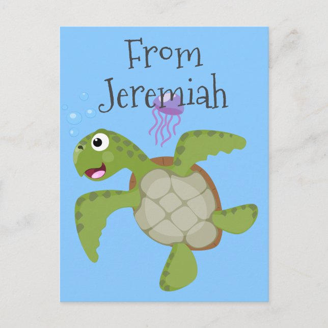 Cute green sea turtle happy cartoon illustration postcard (Front)