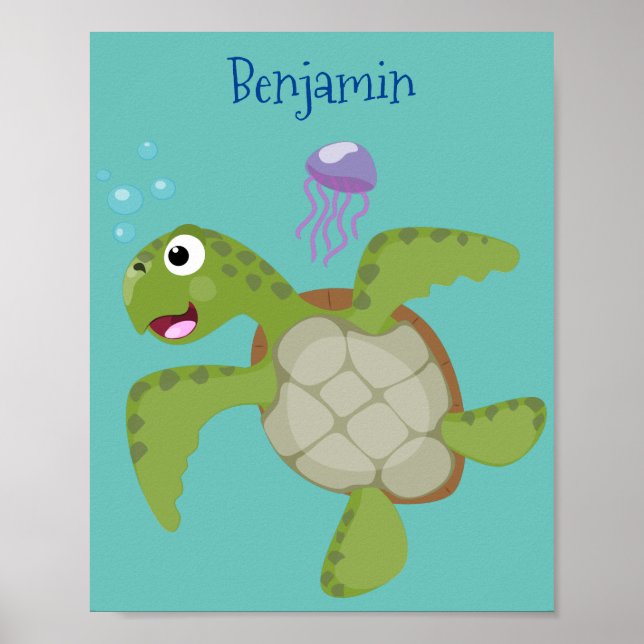 Cute green sea turtle happy cartoon illustration poster (Front)