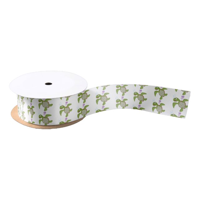 Cute green sea turtle happy cartoon illustration satin ribbon (Spool)