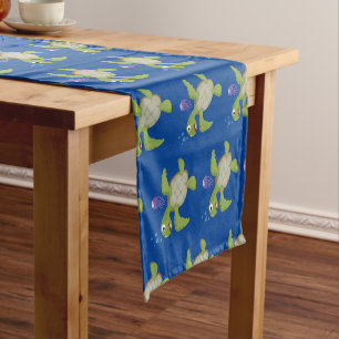 Cute green sea turtle happy cartoon illustration short table runner