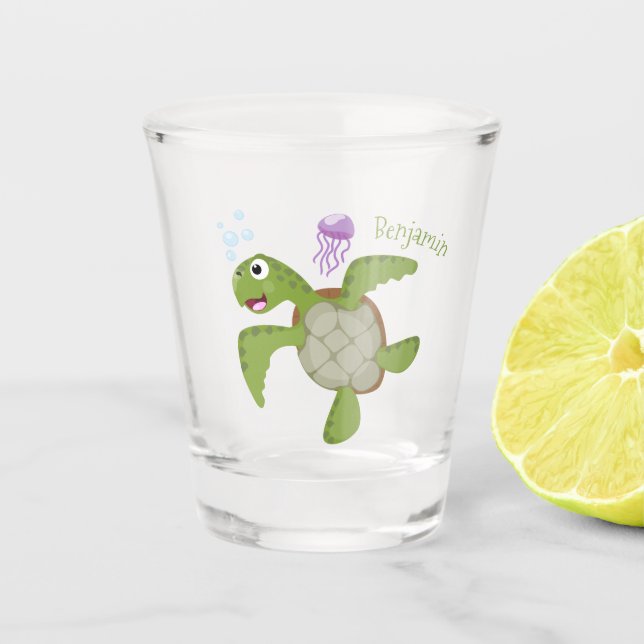 Cute green sea turtle happy cartoon illustration  shot glass (Front)