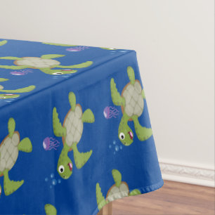 Cute green sea turtle happy cartoon illustration tablecloth
