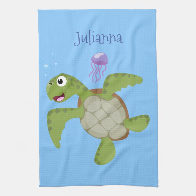 Cute green sea turtle happy cartoon illustration tea towel (Vertical)