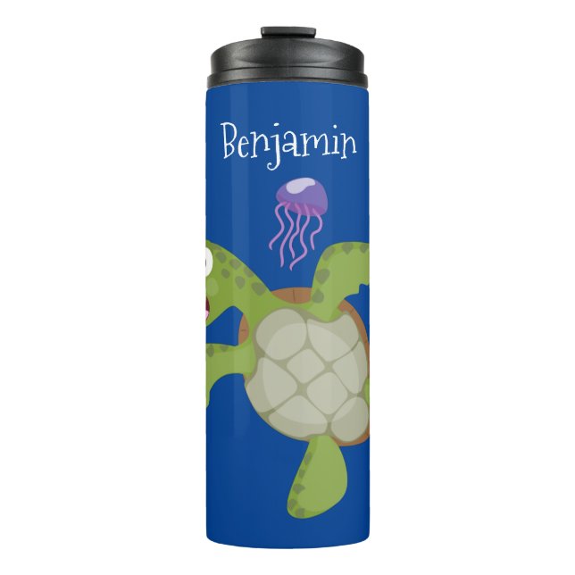 Cute green sea turtle happy cartoon illustration thermal tumbler (Front)