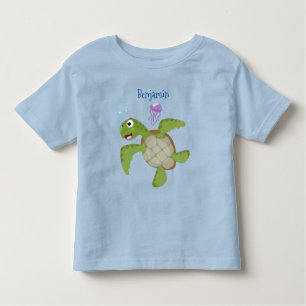 Cute green sea turtle happy cartoon illustration toddler T-Shirt