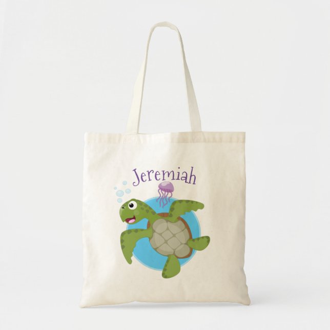 Cute green sea turtle happy cartoon illustration tote bag (Front)