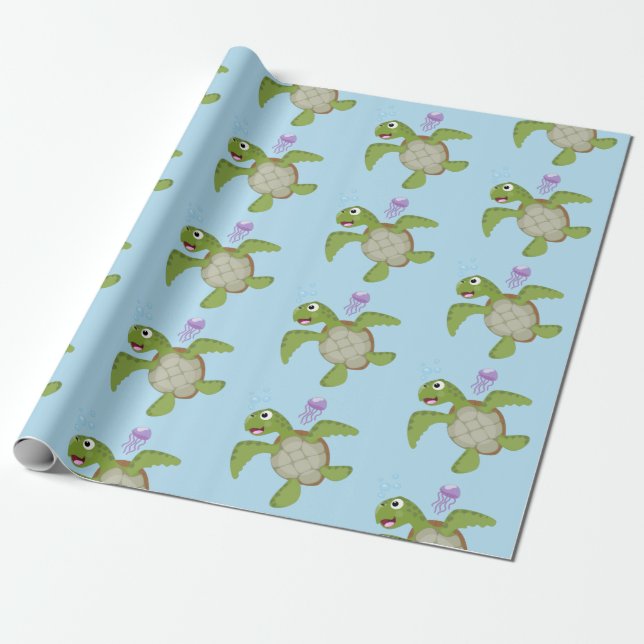 Cute green sea turtle happy cartoon illustration wrapping paper (Unrolled)