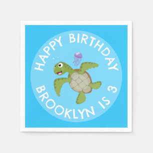 Cute green sea turtle happy cartoon personalised napkin