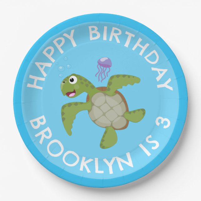 Cute green sea turtle happy cartoon personalised paper plate (Front)