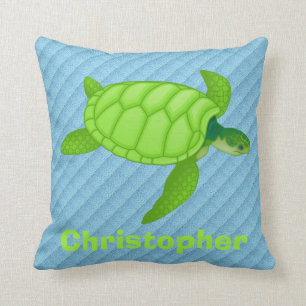 Cute Green Sea Turtle on Blue, Add Name Cushion