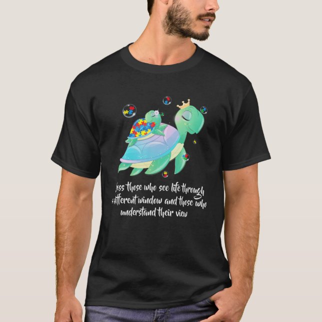 Cute Green Sea Turtle Puzzle Pieces Autistic Kid M T-Shirt (Front)