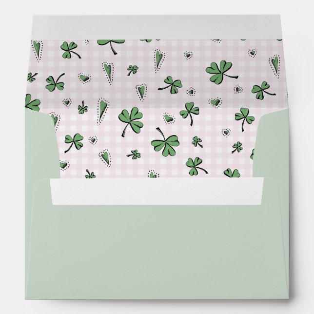 Cute Green Shamrock and Pink Gingham Envelope (Back (Bottom))