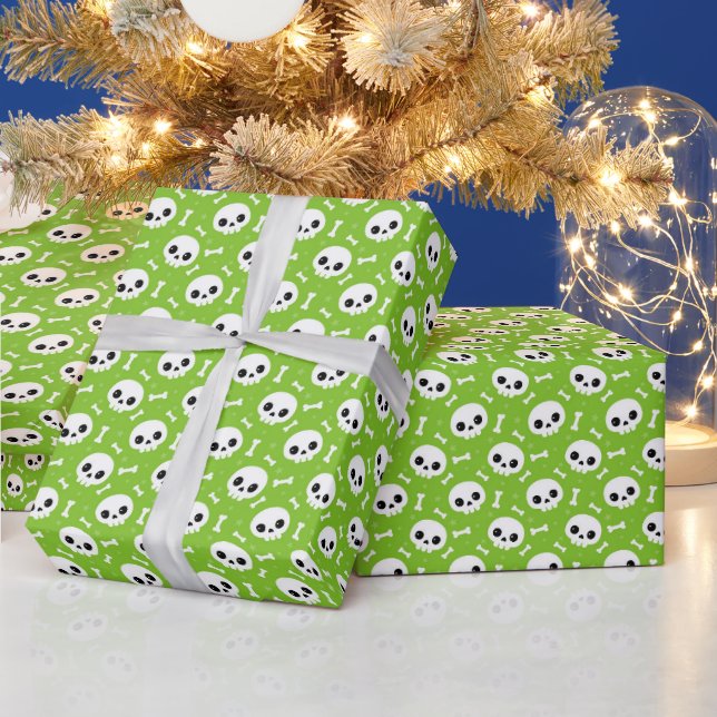 Cute Green Skull & Bones Halloween Pattern Wrapping Paper (Holidays)