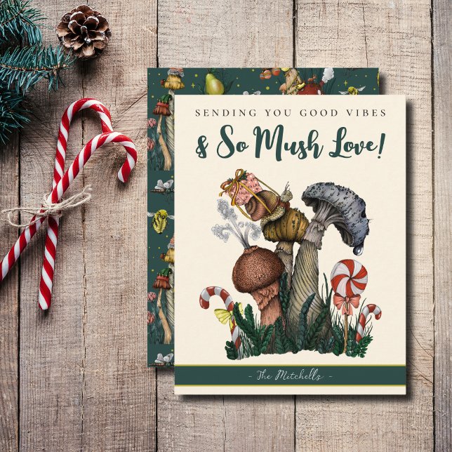 Cute Green Snail Mushrooms Good Vibes Christmas  Holiday Card (So Mush Love Mushroom Christmas Cards)