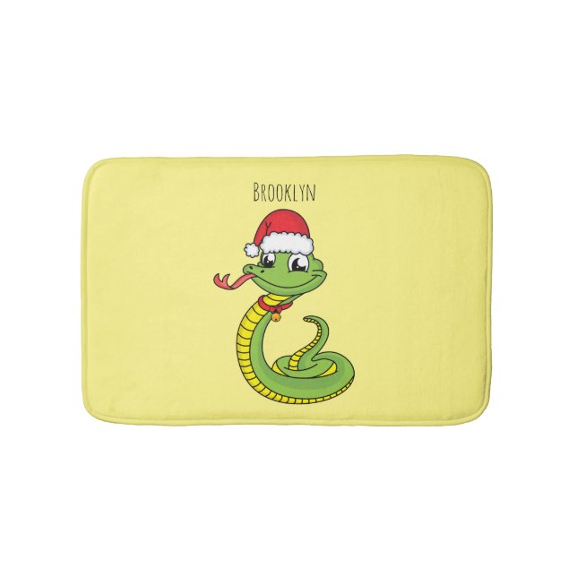 Cute green snake with santa hat cartoon bath mat (Front)